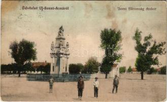 1913 Újszentanna, Új-Szt.-Anna, Szentanna, Santana; Szentháromság szobor. W.L. Bp. 398. / Holy Trinity statue + "BRÁD - ARAD 69" vasúti mozgóposta bélyegző (fl)
