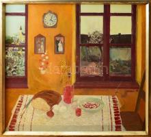 Vecsési Sándor (1930-2015): Kenyér ünnepe, 1986. Olaj, farost, jelezve jobbra lent: Vecsési. Dekoratív, kissé sérült fakeretben, 90×100 cm. KIZÁRÓLAG SZEMÉLYES ÁTVÉTEL, NEM POSTÁZZUK! / ONLY PERSONAL COLLECTION AT OUR OFFICE!