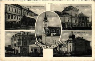 Vinkovce, Vinkovci; Gradj. i osovna skola, Mir. Tirsa ulica, Rim. Kat. crkva, Kr. Aleksandra ul., Kr. Tomislava ul. Naklada Ivan Matievac / mozaiklap 5 képpel: iskola, templom, utcaképek / multi-view postcard with 5 images: school, church, street views (ázott sarok / wet corner)