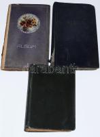 3 db régi képeslap-album, üresek, változó állapotban, sérülésekkel, egy hiányzó gerinccel, 27x20 cm és 38,5x23 cm között