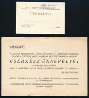 1940 Szeged, meghívó a szegedi kegyesrendi városi Dugonics A. Gimnázium cserkészcsapata által rendezett cserkész-ünnepélyre, Tukats Sándor (1893-1966) szegedi főispán részére címezve + 82. sz. Zrínyi cserkészcsapat tiszteletjegy, dátummal és "10% VIGALMI ADÓ" bélyegzéssel