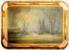 Jelzés nélkül, XIX. sz. második fele: Téli táj lovasszánnal. Olaj, vászon, jelzett. Kissé sérült. Dekoratív, antik, sérült fakeretben. 63×96 cm. KIZÁRÓLAG SZEMÉLYES ÁTVÉTEL, NEM POSTÁZZUK! / ONLY PERSONAL COLLECTION AT OUR OFFICE!