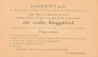 1894, Kassa, Meghívó a Kassai Önkéntes Tűzoltó-Egylet évi rendes közgyűlésére, felcímezve
