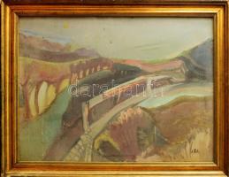 V. Bazsonyi Arany (1928-2011): Hegyi út. Olaj, farost, jelzett. Hátoldalán autográf felirattal és Képcsarnok Vállalat címkéjével. Üvegezett, dekoratív, kissé sérült fakeretben. 70×90 cm.