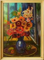 Joanovits István (1912-1995): Gerberák, 1981. Olaj, farost, jelzett. Hátoldalán Képcsarnok Vállalat címkéjével, mely szerint szerepelt a Szinyei Merse Teremben, Szekszárdon, 1981-ben rendezett kiállításon. Üvegezett, kissé sérült fakeretben. 100×70 cm. KIZÁRÓLAG SZEMÉLYES ÁTVÉTEL, NEM POSTÁZZUK! / ONLY PERSONAL COLLECTION AT OUR OFFICE!