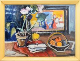 Gera Éva (1923-1996): Csendélet. Olaj, farost, jelzett. Hátoldalán Képcsarnok Vállalat címkéjével. Üvegezett fakeretben. 60×80 cm.