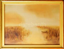 Balogh Ervin (1925-2020): Csend, 1985 körül. Olaj, farost, jelezve középen balra. Hátoldalán Képcsarnok Vállalat címkéjével. Üvegezett, dekoratív fakeretben. 60×80 cm.