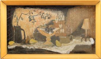 Markos Vera (1907-1986): Csendélet. Olaj, farost. Jelzett. Hátoldalán Képcsarnok Vállalat címkéjével. Fakeretben. 45x80 cm.