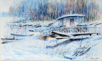 Cseh Gábor (1941-): Dunaparton, 2015. Akvarell, papír. Jelzett. Üvegezett fakeretben. 32x54 cm.