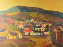 Nagy Ernő Sándor (1926-2013): Hegyek, házak, 1970-es évek vége. Olaj, farost. Jelzett. Hátoldalán autográf felirattal és Képcsarnok Vállalat címkéjével. 60×80 cm.