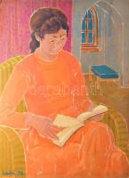 Laki Ida (1921-2015): Olvasósarok (olvasó), 1975. Olaj, farost. Jelzett. Hátoldalán Képcsarnok Vállalat címkéjével. 80×60 cm.