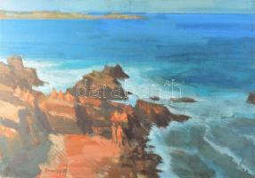 Somogyi János (1928-2010): Sziklákon napozók, 1980-81 körül. Olajtempera, farost. Jelzett. Hátoldalán autográf felirattal és Képcsarnok Vállalat címkéjével. 56×80,5 cm.