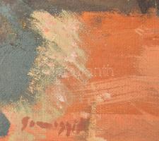 Somogyi János (1928-2010): Sziklákon napozók, 1980-81 körül. Olajtempera, farost. Jelzett. Hátoldalá...