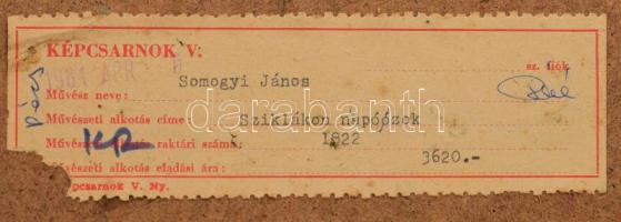 Somogyi János (1928-2010): Sziklákon napozók, 1980-81 körül. Olajtempera, farost. Jelzett. Hátoldalá...