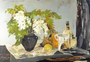 Somogyi-Soma László (1927-2004): Akácvirág, 1977. Olaj, farost. Jelzett. Hátoldalán autográf felirattal és Képcsarnok Vállalat címkéjével. 60×80 cm.