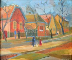 Kontraszty László (1906-1994): Téli nap, 1960-as évek eleje. Olaj, farost. Jelzett. Hátoldalán Képcsarnok Vállalat címkéjével. Fakeretben. 35×42 cm.