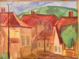 Kaszás István Viktor (1928-2015): Tokaji utca. Akvarell, papír, jelzett. Hátoldalán Képcsarnok Vállalat címkéjével. Üvegezett, sérült fakeretben, 51x65 cm.