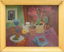 Laki Ida (1921-2015): Csendélet (képpel). Olaj, farost. Jelzett. Hátoldalán Képcsarnok Vállalat címkéjével. Üvegezett fakeretben. 40×50 cm.
