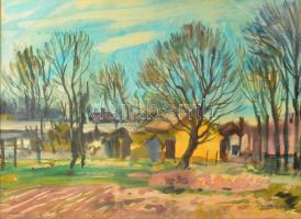 Bóka Dezső (1935-): Hideg nap, 1969. Akvarell, papír, jelzett. Hátoldalán Képcsarnok Vállalat címkéjével. Üvegezett fakeretben, 33x45 cm.