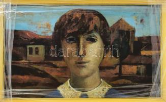 Somos Miklós (1933-2009): Kékruhás lány, 1960-as évek leje. Olaj, farost, jelzett. Hátoldalán Képcsarnok Vállalat címkéivel. Fakeretben. 30×50 cm