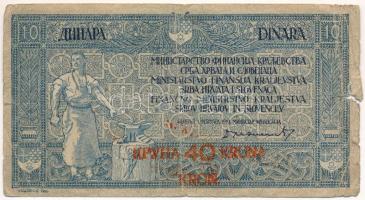 Jugoszlávia / Szerb-Horvát-Szlovén Királyság 1919. 10D piros "40K" felülbélyegzéssel T:VG,G Yugoslavia / Kingdom of the Serbs, Croats and Slovenes 1919. 10 Dinara with red "40 Kronen" overprint C:VG,G Krause P#17
