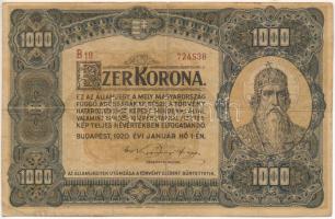 1920. 1000K "Orell Füssli Zürich" nyomdahely-jelöléssel, "B 19 724538" sorszámmal T:F,VG, középhajtás mentén szakadás, lyuk Hungary 1920. 1000 Korona with "Orell Füssli Zürich" printer marking, with "B 19 724538" serial number C:F,VG, tear and tiny hole at the middle-cross Adamo K36, Krause P#66