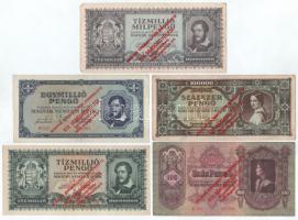 1930-1945. 100P - 10.000.000P (4xklf) + 1946. 10.000MP - 10.000.000MP (4xklf) + 1946. 10.000BP, mindegyik piros "Magyar Éremgyűjtők Egyesülete XIX. Vándorgyűlése Sátoraljaújhely 1989. augusztus 4-6." felülbélyegzéssel T:XF-F, javarészben szép papírok