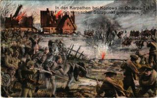 1916 In den Karpathen bei Koziowa im Ondawa-Tal ein russischer Stützpunkt genommen / Első világháborús osztrák-magyar katonai művészlap, orosz bázis elfoglalása a Kárpátokban / WWI Austro-Hungarian military art postcard, Russian base in the Carpathians + M. kir. 20. honvéd gyalogezred 3. zászlóalj Gazdasági hivatala" + "Tábori Postahivatal 102" (szakadás / tear)