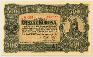 1923. 500K "5A 003 636054", "Magyar Pénzjegynyomda Rt. Budapest" nyomdahely jelöléssel T:AU,XF, hajtatlan csak sarokhajlások Hungary 1923. 500 Korona "5A 003 636054", with "Magyar Pénzjegynyomda Rt. Budapest" printer's mark C:AU,XF, unfolded but folded corners Adamo K34