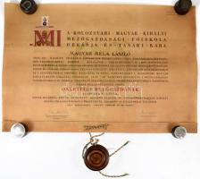 1944 Kolozsvári Mezőgazdasági Főiskola okleveles mezőgazdász oklevele, Kolozsvár, 1944. április 25., címerekkel (nemzeti kiscímer, erdélyi címer, Kolozsvár címere) díszített iniciáléval, okmánybélyeggel, pecséttel, dékáni és jegyzői aláírásokkal, pergamen, fatokos függőpecséttel, kissé foltos, 45x68 cm