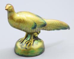 Zsolnay kisplasztika - Fácán. Savmaratott eozin mázakkal fedett öntött finomfajansz. Jelzett, restaurált, 13x9 cm