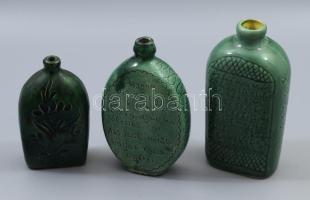 3 darab alföldi butella, közte Ceglédi mázas kerámia feliratos butella, Kántor Karcag butella, kis mázhibákkal, m: 17 cm alatt