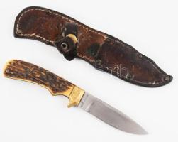 Harmónia Hungary agancs nyelű vadásztőr, bőr tokban, jelzett, h: 20 cm