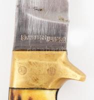 Harmónia Hungary agancs nyelű vadásztőr, bőr tokban, jelzett, h: 20 cm