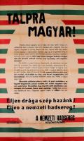 1919 "Talpra magyar! ... Kell, hogy fennen lobogjon, hirdesse a magyar nép erős akaratát, nemzeti érzését, szép hazánkhoz való ragaszkodásunkat!...De ott vagyunk akkor is, mikor nemzeti érzésünk, törekvésünk és drága szép hazánk meggyalázóival kell leszámolnunk! Mert nem maradhat büntetlenül mindaz, amit velünk, a magyar néppel tettek. Kövessétek példánkat ebben a nehéz, de szent munkában s ne legyetek kegyelmesek azokkal szemben, kik velünk kegyelmet soha-sem gyakoroltak. Követeljétek, hogy elnyerjék méltó büntetésüket valamennyien, kik hazánkat tönkre tenni segítettek. Építsük drága hazánkat, segít bennünket az Isten s Magyarhon nagyobb, dicsőbb és boldogabb lesz mint valaha! Éljen drága szép hazánk! Éljen a nemzeti hadsereg! A Nemzeti Hadsereg Különítménye". Nemzeti színű szélekkel díszített Nemzeti Hadsereg propaganda plakát. A Horthy Miklós vezette Nemzeti Hadsereg 1919. október 19-én Szabadbattyán irányából vonult be Székesfehérvárra, és szabadította fel a várost. A plakát feltehetőleg ebből az alkalomból készült propaganda plakát. Székesfehérvár, Csitári K. és Társa Könyvnyomda, hajtott, szakadt, sérült, a felirat legfelül kopott, felületén két helyen ceruzás bejegyzésekkel, 94x61 cm