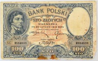 Lengyelország 1919. 100Zl "S.C. 2884038" T:VG,G, anyaghiány Poland 1919. 100 Zlotych "S.C. 2884038" C:VG,G, missing material Krause P#57