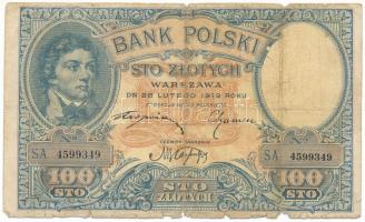 Lengyelország 1919. 100Zl "S.A. 4599349" T:VG, anyaghiány Poland 1919. 100 Zlotych "S.A. 4599349" C:VG, missing material Krause P#57
