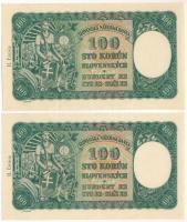 Szlovákia 1940. 100K (2x) egyugrásos sorkövetők, II. kiadás, "A8 719375 - A8 719377" T:UNC,AU Slovakia 1940. 100 Korun (2x) consecutive serials with leap, 2nd issue, "A8 719375 - A8 719377" C:UNC,AU Krause P#11