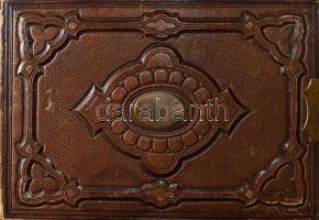 cca 1860-1875 Régi családi fotóalbum, összesen 24 db keményhátú fotóval (vizitkártyák), különféle magyar és külföldi műtermekből (közte Rupprecht Mihály, Sopron; Ellinger Ede, ill. Strelisky Lipót, Pest; Ludwig Angerer, Bécs; stb.), dekoratív, fémveretes, kapcsos, bőrkötésű albumban, kissé kopottas borítóval, helyenként kissé foltos, 14,5x21x4 cm