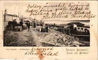 1903 Mohács, Duna part, hajóállomás, úszó vízimalom, hajómalom. Kiadja Weiser Miksa / Danube boat mill (EK)