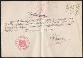 1917 Kézzel írt igazolás az S.M.S. Maros Dunai Flottila monitor hajópecsétjével /  Handwritten confirmation issued on a piece of paper to ship engineer Franz Melcher on April 3, 1917. K. u. K. KRIEGSMARINE * S.M.S. MAROS * Kalis/Kohl No. 5