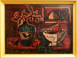 Tóth László (1926-2009): Csendélet képpel. Olaj, vászon, jelzett. Hátoldalán Képcsarnok Vállalat címkéjével. Üvegezett fakeretben, 60×80 cm