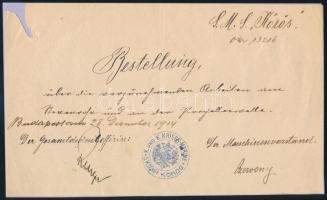1914 Kézzel írt igazolás az S.M.S. Körös - Dunai Flottila monitor hajópecsétjével /  Handwritten order issued by S.M.S. Körös?s G.D.O. and chief engineer in Budapest on December 28, 1914. K. und K. KRIEGS-MARINE * S.M. SCHIFF KÖRÖS Use of this DR 1b-type seal on S.M.S. Körös is not listed in the Kalis/Kohl catalogue. PArtly glued on a sheet of paper