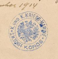 1914 Kézzel írt igazolás az S.M.S. Körös - Dunai Flottila monitor hajópecsétjével /

Handwritten o...