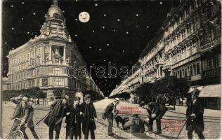 1909 Budapest VI. Andrássy út éjjel, humoros részeg montázs, macska, üzlet (EK)