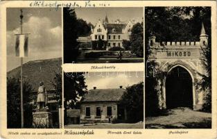 Mikosszéplak, Hősök szobra az Országzászlóval, Mikosd kastély (Mikosdpuszta), Park bejárat, Horváth Ernő üzlete (EK)