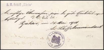 1915 Kézzel írt igazolás az S.M.S. Körös - Dunai Flottila monitor hajópecsétjével DDSG számlán, a ha...