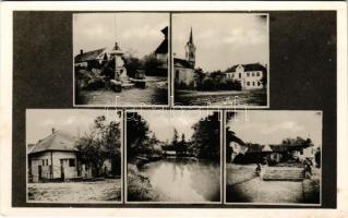 Mozsgó, Hősök emlékműve, Országzászló, Kis üzlete, Templom, Biedermann kastély, park (fl)