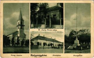 Medgyesegyháza, Evangélikus templom, Községháza, Országzászló, Dr. Lepény István villája. Fejér János kiadása (Rb)