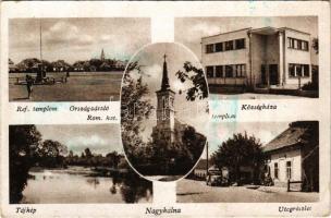 1943 Nagykálna, Kalná, Kálna (Léva, Levice); Református templom, Országzászló, Római katolikus templom, Községháza, tájkép, utca részlet, üzlet, automobil / Calvinist church, Hungarian flag, Catholic church, town hall, riverside, street view, shop, automobile + "LÉVA - ÉRSEKÚJVÁR 63" vasúti mozgóposta bélyegző (EB)